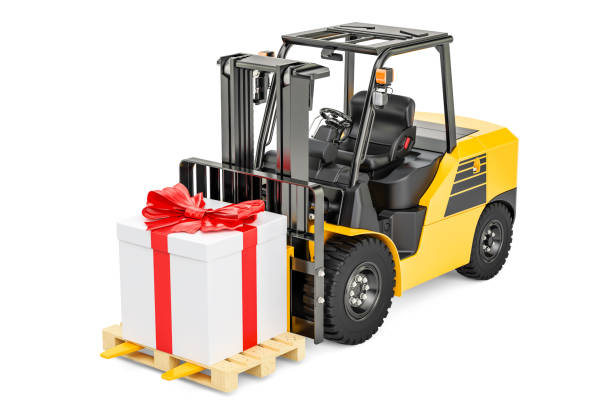 istock Forklift truck with gift box. Gift delivery concept, 3D rendering isolated on white background 900976606