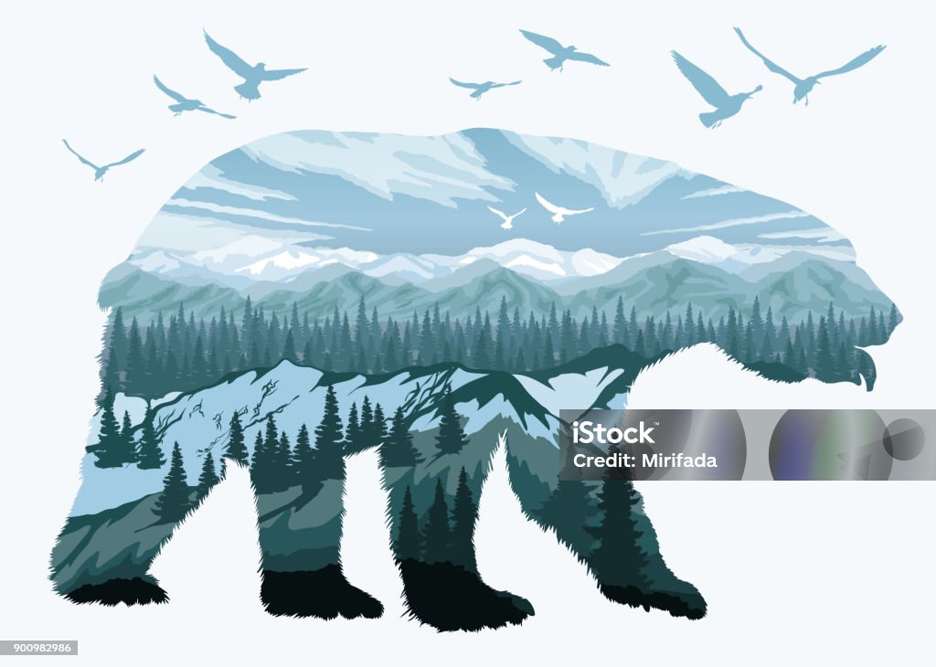 Double exposure, bear and animal wildlife Double exposure, bear and forest mountain landscape, wildlife concept. Vector illustration Abstract stock vector