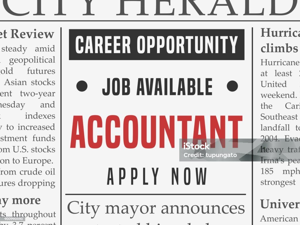 Accountant career Accountant career - job classified ad vector in fake newspaper. Help Wanted Sign stock vector