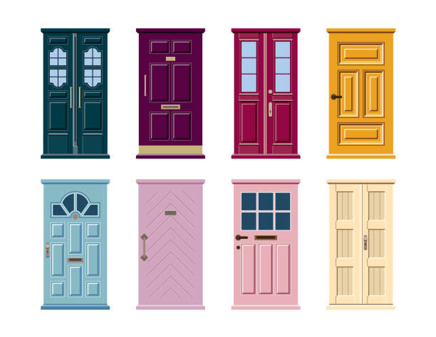 Vector set of colorful door icons isolated on white background. Vector set of colorful door icons isolated on white background. Blue, pink, yellow, green, violet, purple, turquoise door illustrations stock illustrations