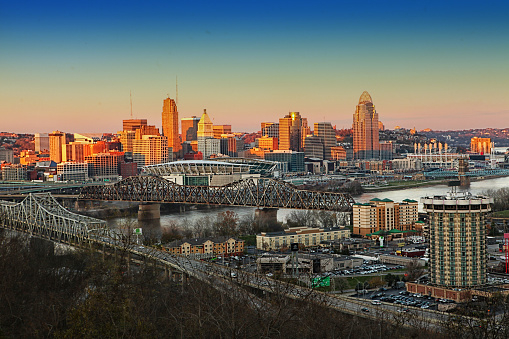 A View of the Cincinnati skyline at twilight