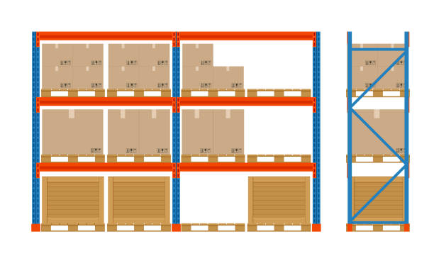 ilustrações de stock, clip art, desenhos animados e ícones de warehouse shelves with boxes. storage equipment icon. side view. vector isolated on white. storage equipment icon set. - gondola