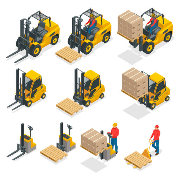 ilustrações de stock, clip art, desenhos animados e ícones de isometric vector forklift truck isolated on white. storage equipment icon set. forklifts in various combinations, storage racks, pallets with goods for infographics. - empilhadora