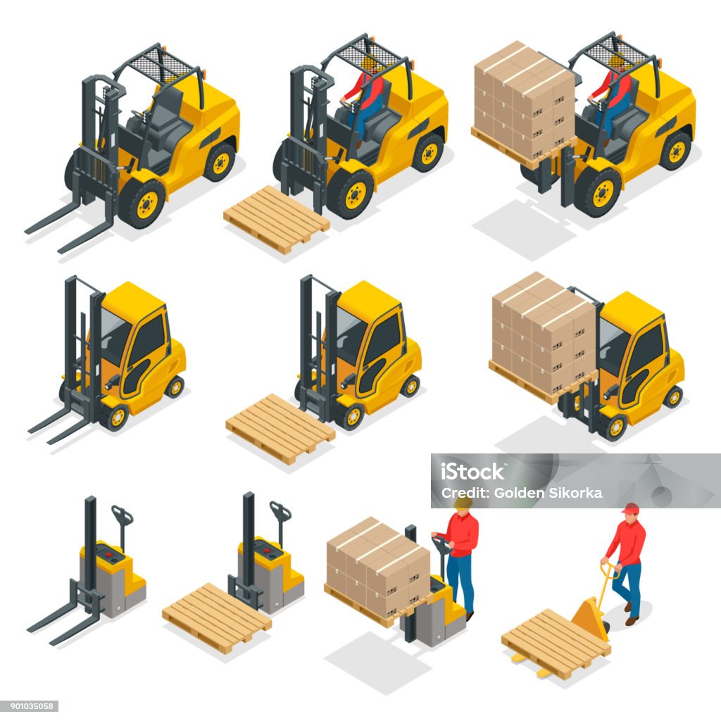 Isometric vector forklift truck isolated on white. Storage equipment icon set. Forklifts in various combinations, storage racks, pallets with goods for infographics. Isometric vector forklift truck isolated on white. Storage equipment icon set. Forklifts in various combinations, storage racks, pallets with goods for infographics Forklift stock vector