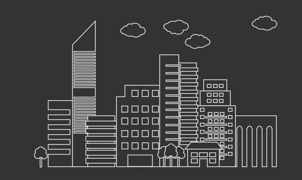 ilustraciones, imágenes clip art, dibujos animados e iconos de stock de diseño lineal del skyline de la ciudad. paisaje urbano línea arte vector. rascacielos de contorno. - generic