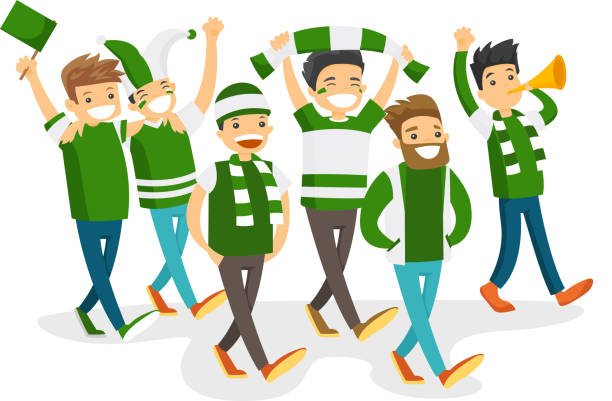 Group of happy sport fans supporting their team Group of caucasian white happy sport fans in green outfit cheering for their team. Football fans with flag and scarfs strolling. Vector cartoon illustration isolated on white background. men watching soccer game stock illustrations