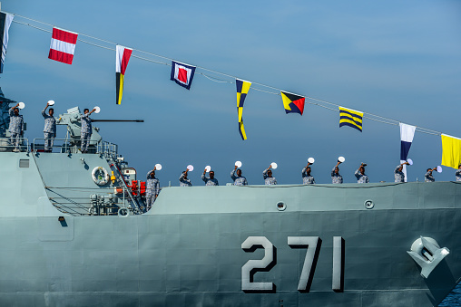 Pattaya, Thailand - November 18, 2017, Marines in activity of fleet review on warship running on sea on the 50th anniversary ASEAN international fleet review 2017 drill in Pattaya, Thailand