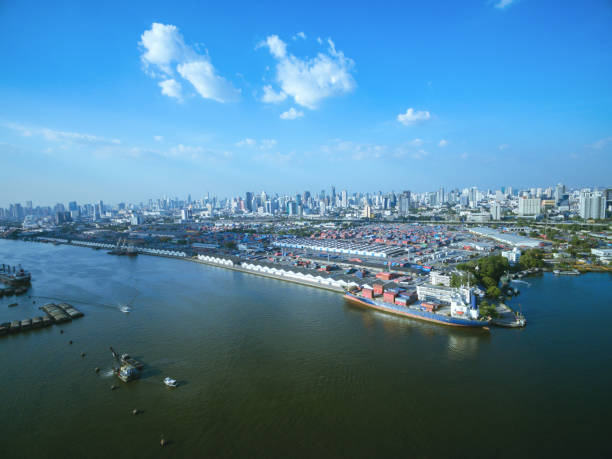 istock Aerial view container and cargo ship, import export, business logistic supply chain transportation concept and crane at international Port for shipping cargo top view background 901046490