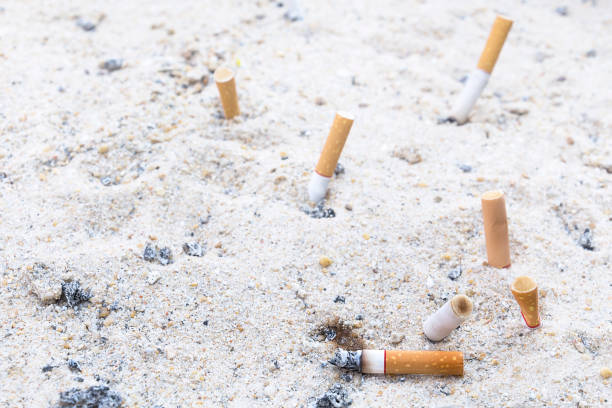 istock Tobacco cigarette butt on beach sand. 901053938