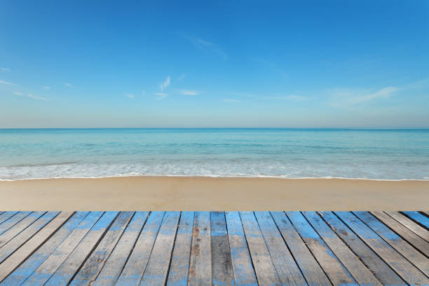istock wooden floor with beautiful blue sky scenery for background. 901057452