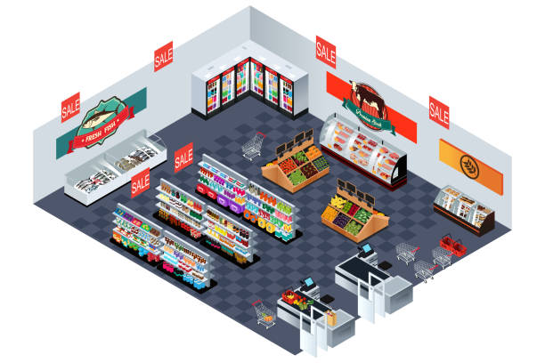 ilustraciones, imágenes clip art, dibujos animados e iconos de stock de supermercado supermercado en isométrico ilustración - tienda del vecindario