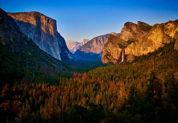 la vallée d’yosemite au coucher du soleil, californie, é.-u. - yosemite valley photos et images de collection