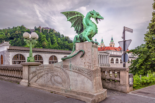 Green Dragon on Zmajski Most bridge in Llubljana, Slovenia