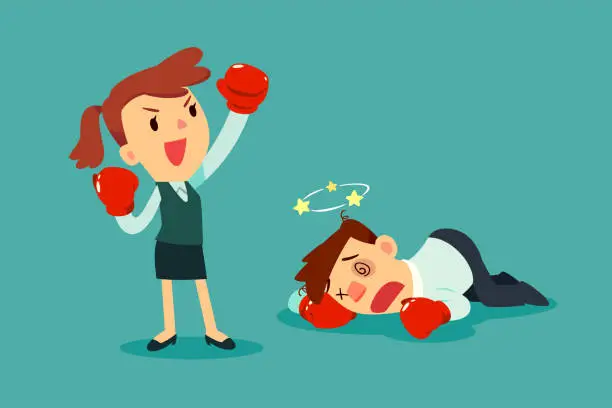 Vector illustration of businesswoman in boxing gloves won the fight against businessman