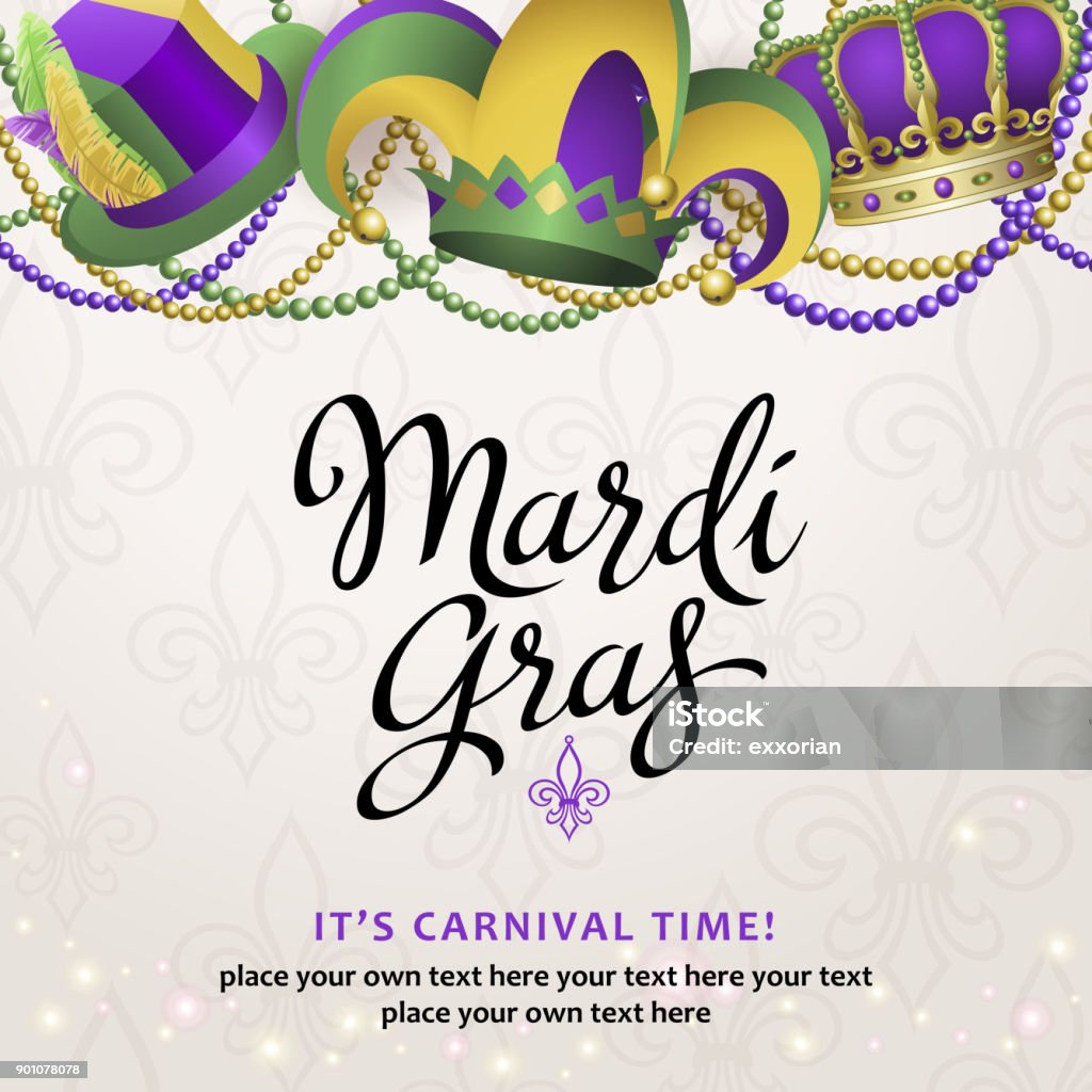 Mardi Gras Party Hats An invitation to the Mardi Gras Party with colorful party hat and beans on the carnival Mardi Gras stock vector