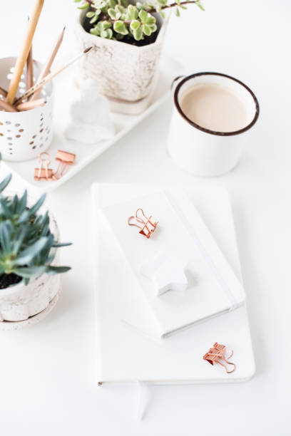 istock office desk flat lay with coffe, notepads and succulents, clean 901082172