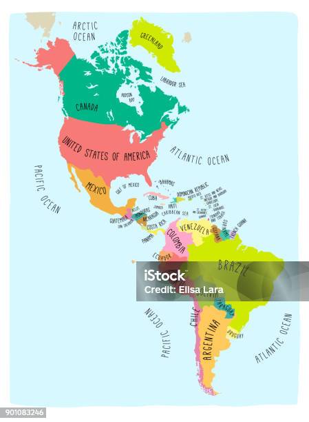 Bunte Karte Des Amerikanischen Kontinents Stock Vektor Art und mehr Bilder von Karte - Navigationsinstrument - Karte - Navigationsinstrument, Norden, USA