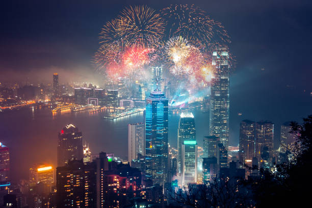 istock Double Exposure of firework and city 901085860