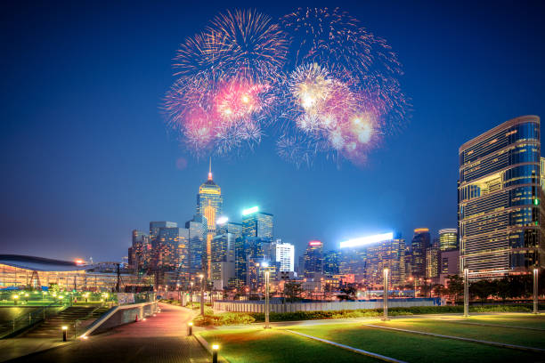 istock Double Exposure of firework and city 901085882