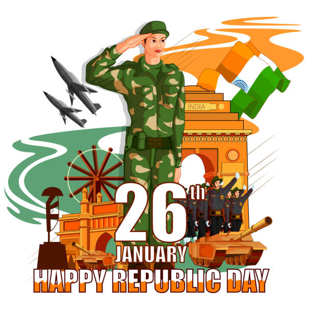 illustrazioni stock, clip art, cartoni animati e icone di tendenza di esercito indiano con bandiera per l'happy republic day of india - army parade weapon military