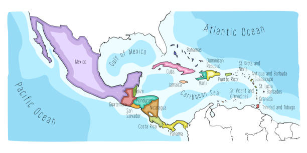 дудл карта центральной америки и мексики - центральная америка stock illustrations
