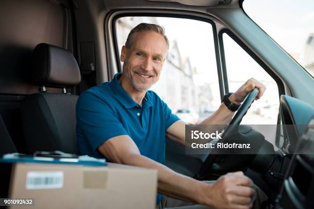 Delivery Man Driving Van Stock Photo - Download Image Now - Van - Vehicle, Driving, Driver - Occupation