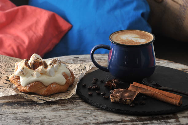 istock Morning Breakfast at cafe cappuccino in a mug with milk foam 901092464