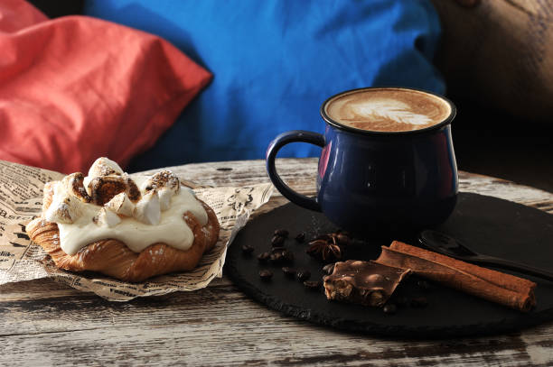 istock Morning Breakfast at cafe cappuccino in a mug with milk foam 901092498