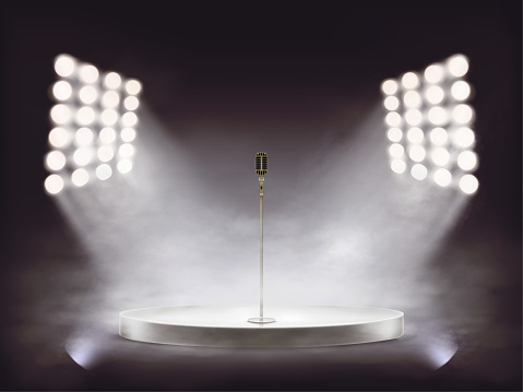 3D vector round white podium with metallic microphone illuminated by white beams of spotlights, isolated on dark background. Empty realistic stage with a special effect of smoke and theatrical fog