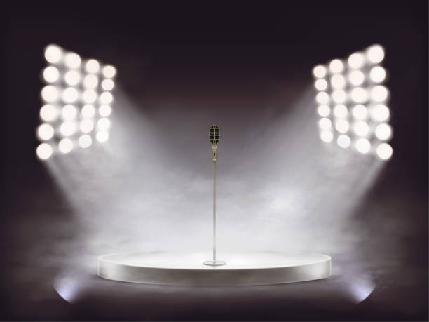 Vector realistic stage with microphone and smoke 3D vector round white podium with metallic microphone illuminated by white beams of spotlights, isolated on dark background. Empty realistic stage with a special effect of smoke and theatrical fog microphone stand stock illustrations