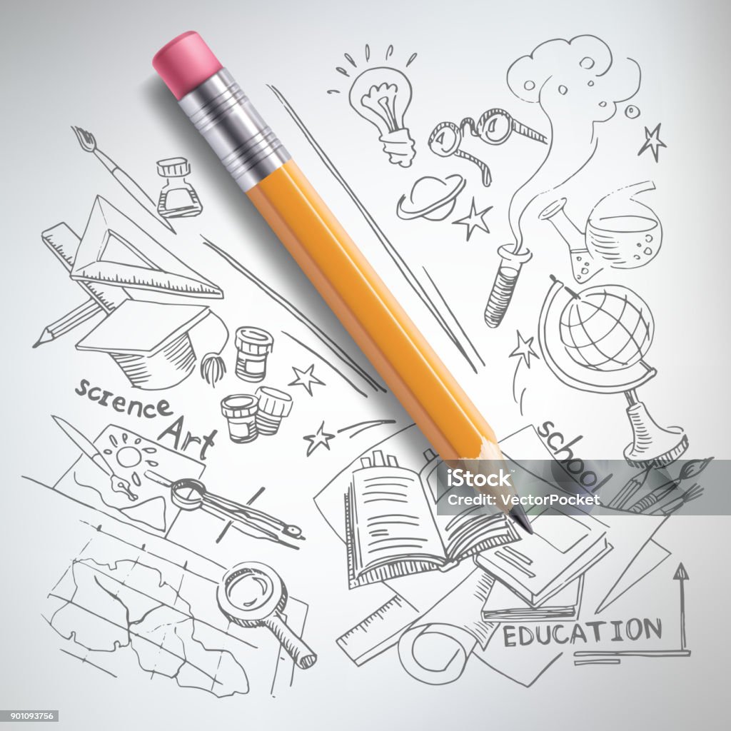 Vector education, science concept, pencil, sketch Vector realistic pencil on paper with sketch creative education, science, school hand drawn doodles symbols. Concept of idea, study, research and development. White background illustration Education stock vector