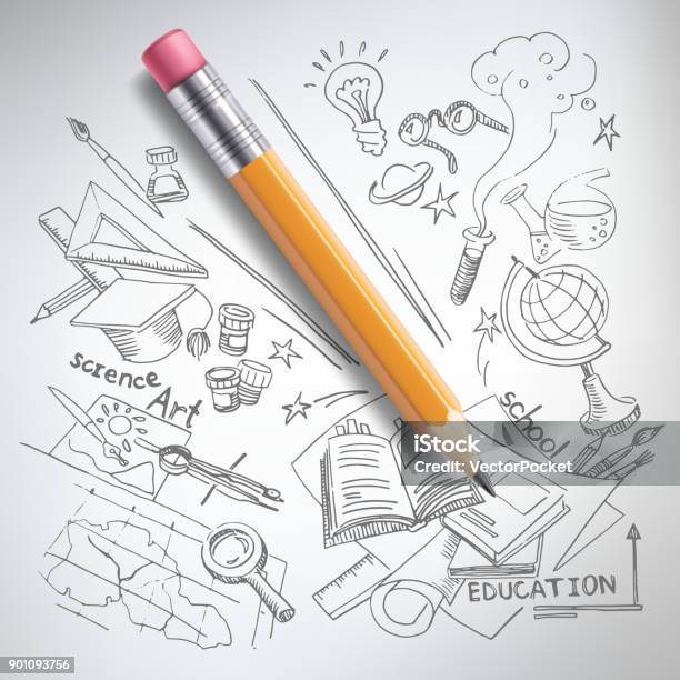 Vector Education Science Concept Pencil Sketch Stock Illustration - Download Image Now - Education, Backgrounds, Doodle