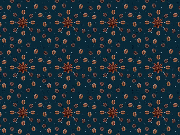 seamless pattern with coffee beans and anise stars isolated on dark blue background
