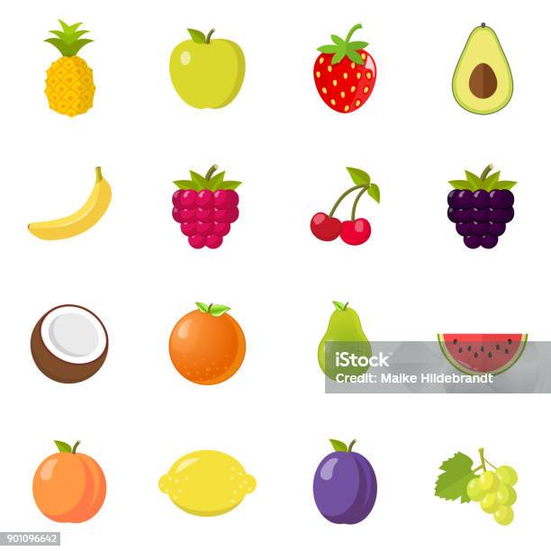 Fruit Set Flat Design Stock Illustration - Download Image Now - Fruit, Blackberry - Fruit, White Background