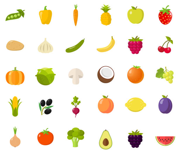 ilustraciones, imágenes clip art, dibujos animados e iconos de stock de verduras diseño plano - fruit apple orange lemon