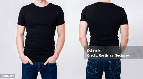 Man In Black Blank Tshirt On Gray Background Stock Photo - Download Image Now - T-Shirt, Black Color, Rear View