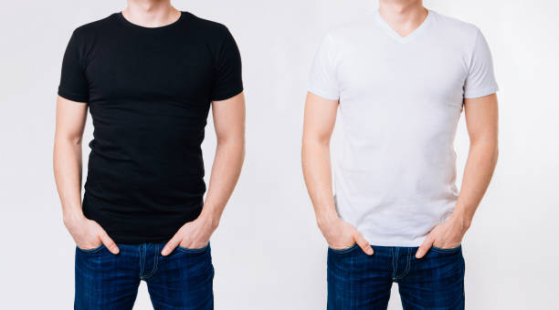 istock Twice man in white and black blank tshirts on gray background 901110452