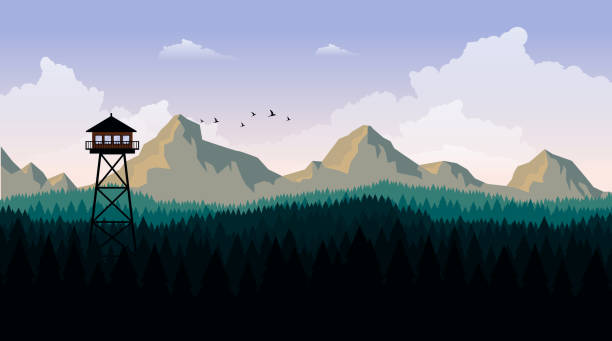 Vector Art Landscape with Fire Lookout Tower Vector Art Landscape with Fire Lookout Tower lookout tower stock illustrations