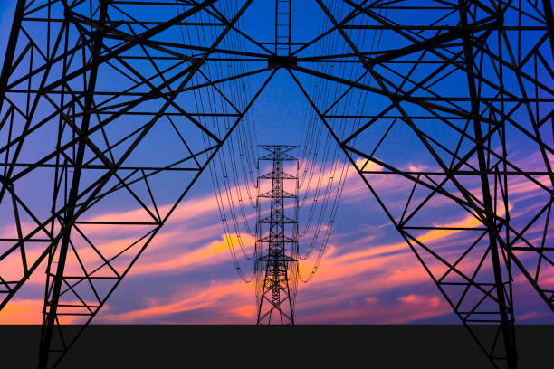 istock High voltage tower and Colorful sky. 901127556