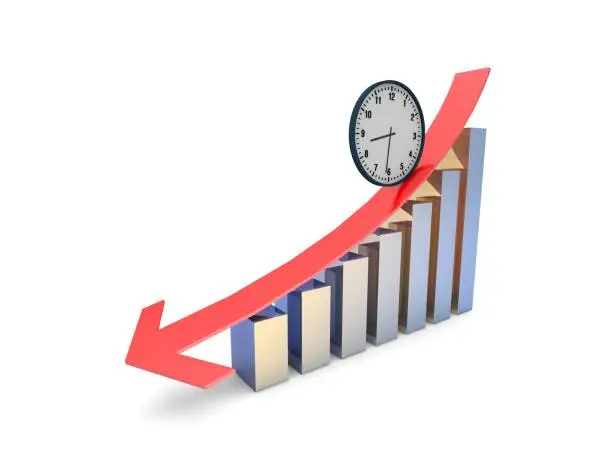 Photo of Financial bankruptcy, failure arrow and histogram, time