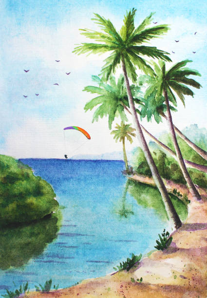 aquarell tropische sonnige landschaft - flussufer sonne stock-grafiken, -clipart, -cartoons und -symbole