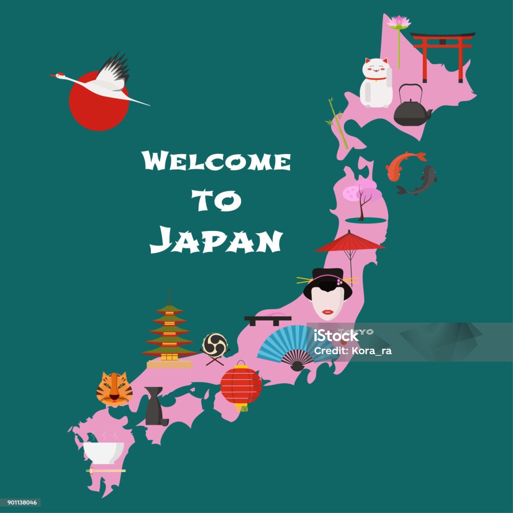 Map of Japan vector illustration, design element Map of Japan vector illustration, design element. Icons with Japanese cherry tree, drum, oriental costumes. Explore Japan concept image Vector stock vector