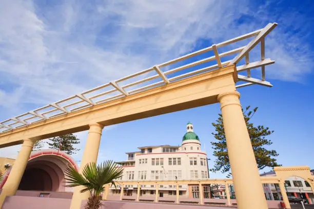 Napier, New Zealand, known as the art deco capital of the world. Some of the buildings and decorative archways on the promenade.