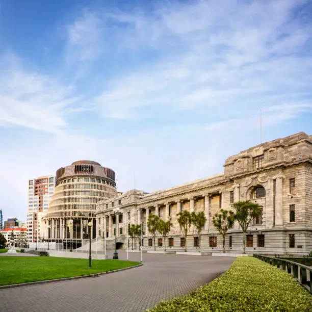 The Beehive, which is the executive offices of New Zealand's Parliament, and Parliament House.