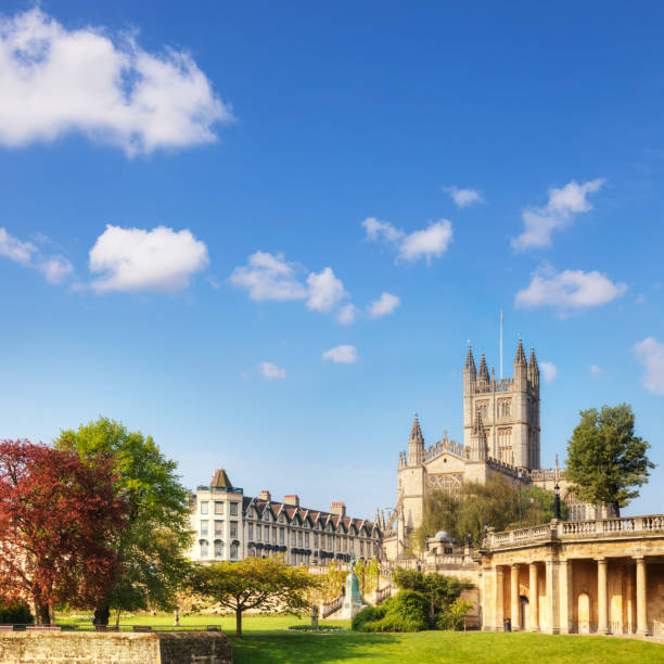Bath Abbey Bath Abbey on a fine spring day. On the right is the Colonnade, and on the left is Orange Grove. bath abbey stock pictures, royalty-free photos & images
