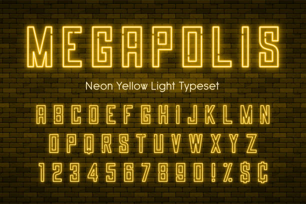 ilustraciones, imágenes clip art, dibujos animados e iconos de stock de alfabeto de luz de neón de megapolis, realista fuente extra brillante - classical greek text alphabet typescript