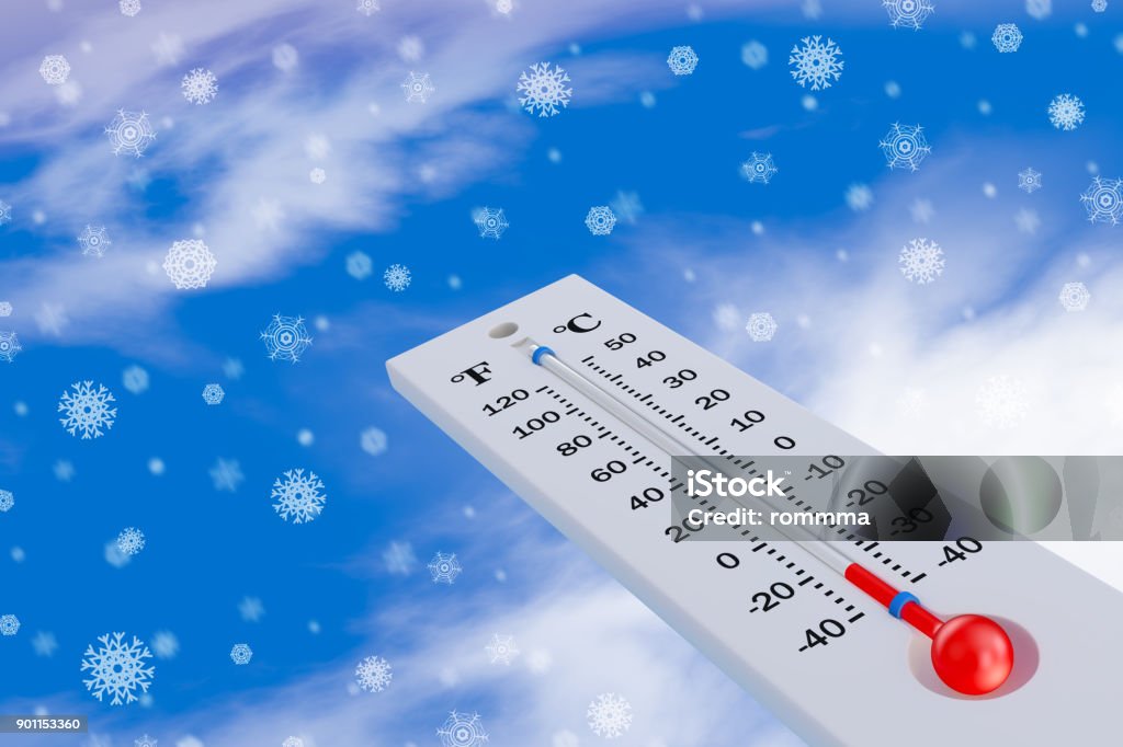 Thermometer and snowflakes Thermometer in the snow on the background of snowflakes. 3d rendering. Backgrounds Stock Photo