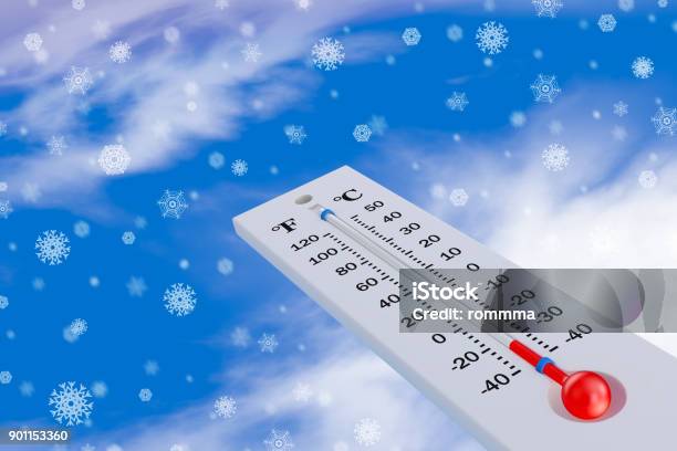 Thermometer And Snowflakes Stock Photo - Download Image Now - Backgrounds, Blue, Cartoon