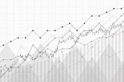 Financial data graph chart, vector illustration. Growth company profit economic concept. Trend lines, columns, market economy information background.