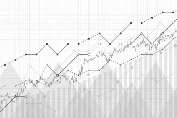Vector illustration of Financial data graph chart, vector illustration. Growth company profit economic concept. Trend lines, columns, market economy information background.